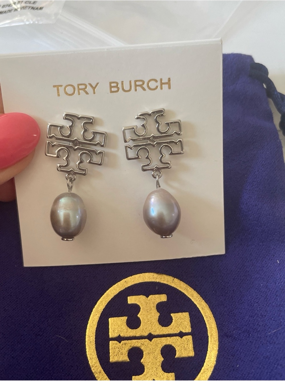 Tory Burch Silver Logo Earrings with Gray Pearl Drops